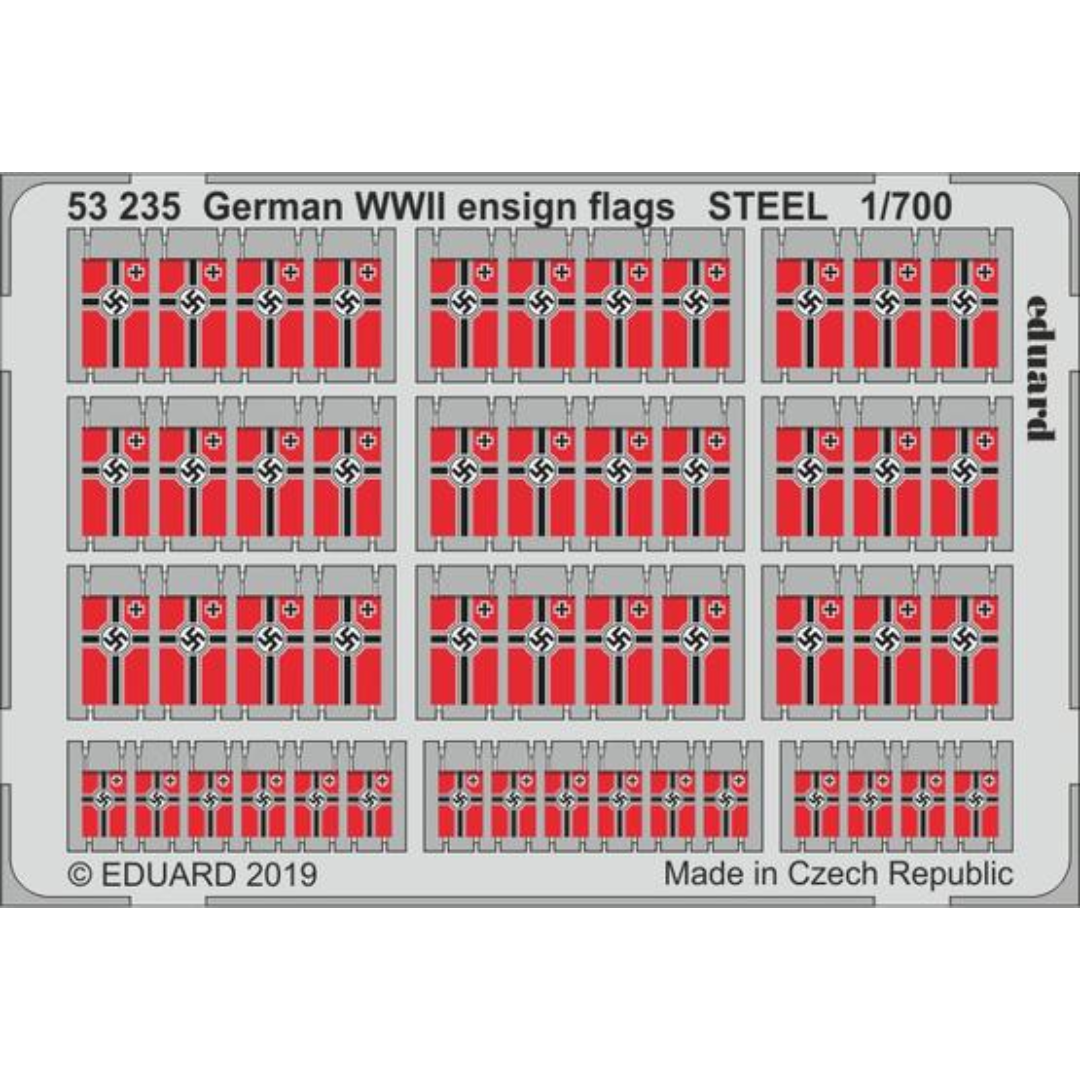 Photo of Eduard 53235 German WWII Ensign Flags steel photo-etched set in 1/700 scale.