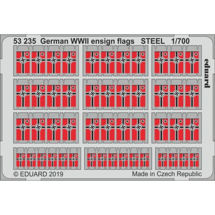 Photo of Eduard 53235 German WWII Ensign Flags steel photo-etched set in 1/700 scale.