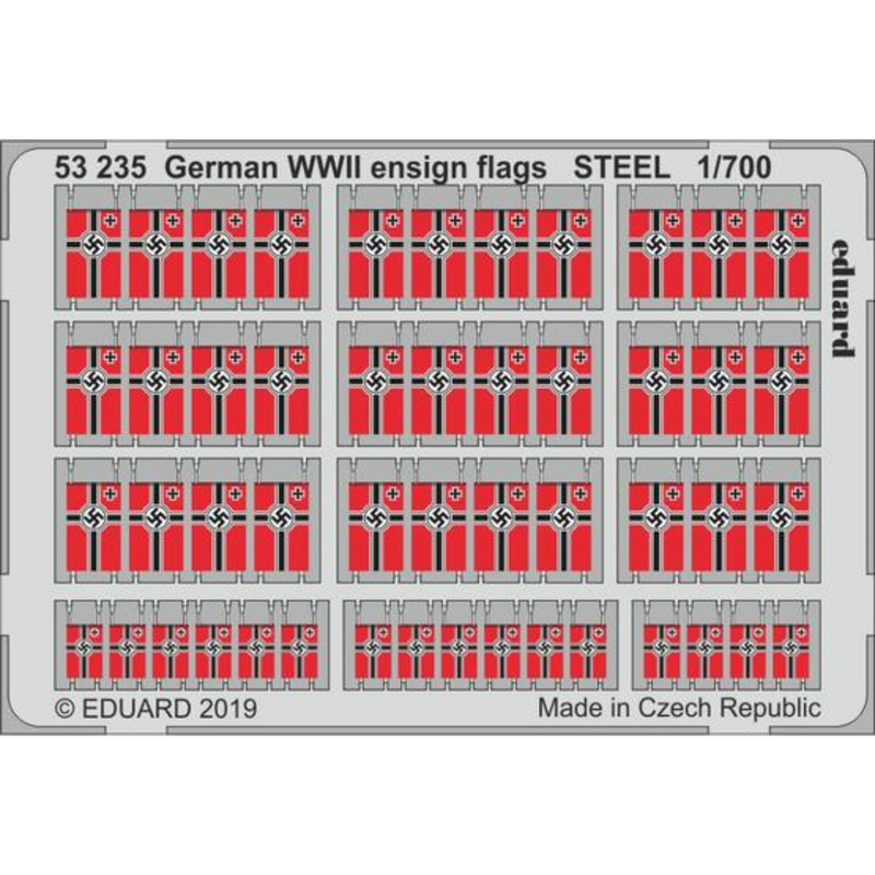 Photo of Eduard 53235 German WWII Ensign Flags steel photo-etched set in 1/700 scale.