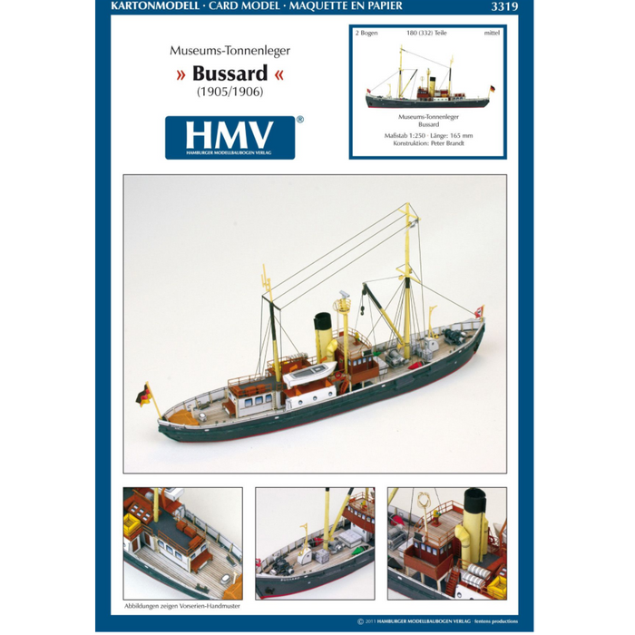 Photo of HMV Buoy Tender Bussard 1905 1:250 paper model kit by Peter Brandt showing detailed papermodel ship design