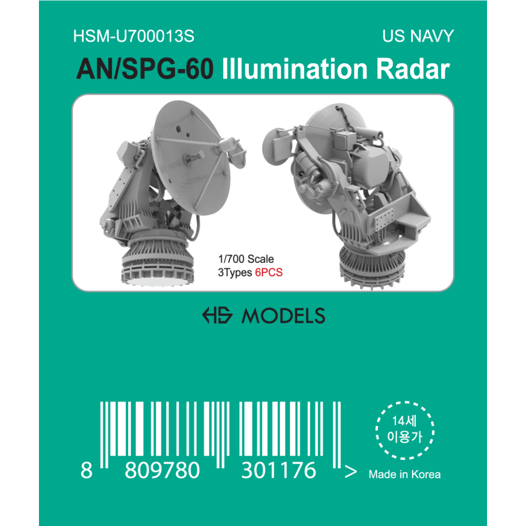 Photo of AN/SPG-60 Illumination Radar 1:700 scale resin model set by HS Model, showing detailed radar parts in 3D printed finish