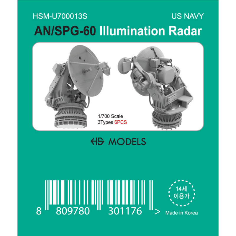 Photo of AN/SPG-60 Illumination Radar 1:700 scale resin model set by HS Model, showing detailed radar parts in 3D printed finish