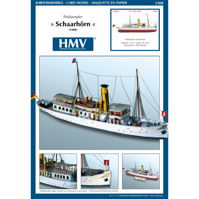 Photo of HMV Sounding Vessel Schaarhörn 1:250 paper model kit showing the detailed restored Hamburg steamship with optional full hull and lifeboats