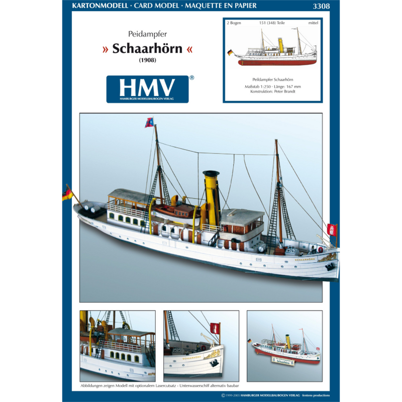 Photo of HMV Sounding Vessel Schaarhörn 1:250 paper model kit showing the detailed restored Hamburg steamship with optional full hull and lifeboats