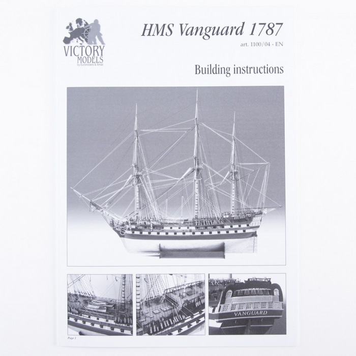 Photo of HMS Vanguard 1787 construction plans by Amati showing detailed ship blueprints and decorative elements for HMS Vanguard, Elephant, and Bellerophon