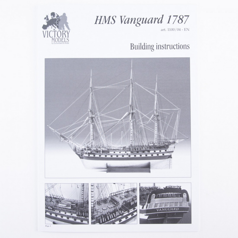 Photo of HMS Vanguard 1787 construction plans by Amati showing detailed ship blueprints and decorative elements for HMS Vanguard, Elephant, and Bellerophon