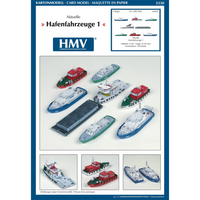 Photo of HMV Modern Harbor Boats 1/250 card model kit showing eight detailed paper ships including customs boats, tugboat, pilot cutters, and police boats.