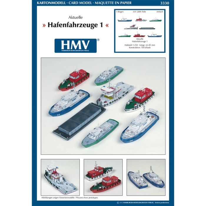 Photo of HMV Modern Harbor Boats 1/250 card model kit showing eight detailed paper ships including customs boats, tugboat, pilot cutters, and police boats.