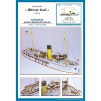Photo of HMV Pilot Boat Ditmar Koel 1:250 scale paper model kit showing detailed parts and completed model of the 1935 German pilot vessel.