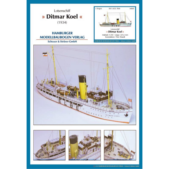 Photo of HMV Pilot Boat Ditmar Koel 1:250 scale paper model kit showing detailed parts and completed model of the 1935 German pilot vessel.