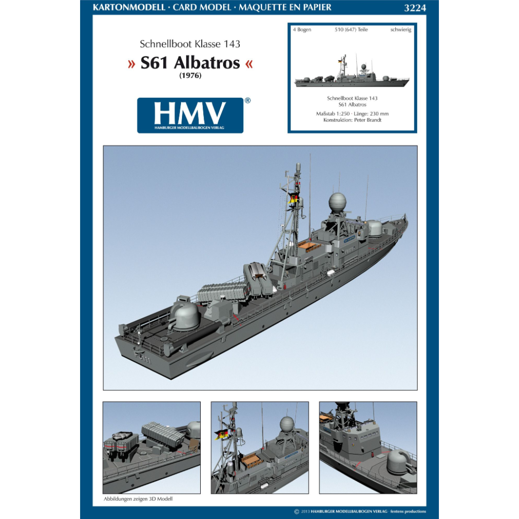 Photo of HMV Card Model Kit Fast Attack Craft Class 143 S61 Albatros 1:250 scale paper model with detailed parts and sister ships options