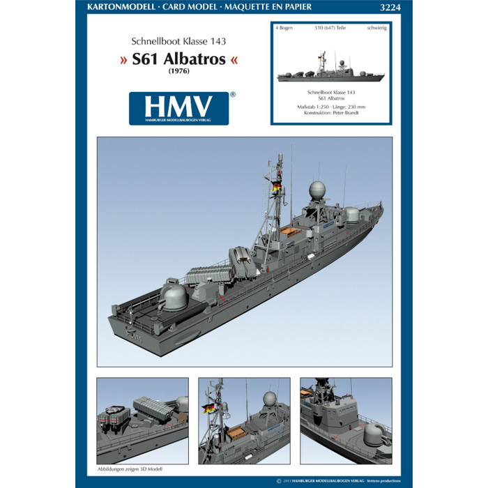 Photo of HMV Card Model Kit Fast Attack Craft Class 143 S61 Albatros 1:250 scale paper model with detailed parts and sister ships options