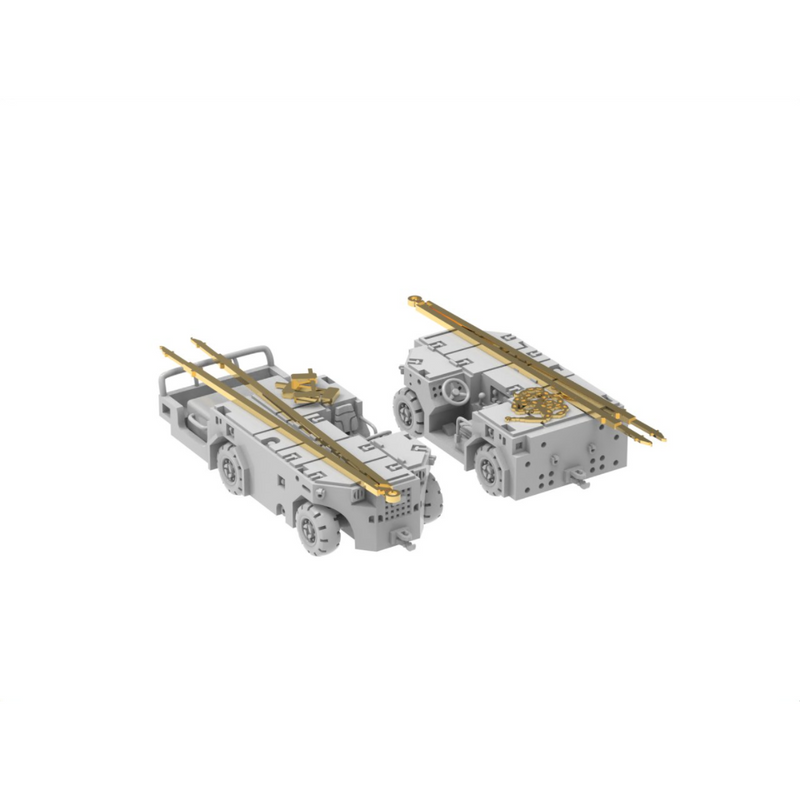 Photo of US Navy Tow Tractor A/S32A-49 1/350 scale resin model kit by HS Model showing 3D printed tow tractors with photo-etched details