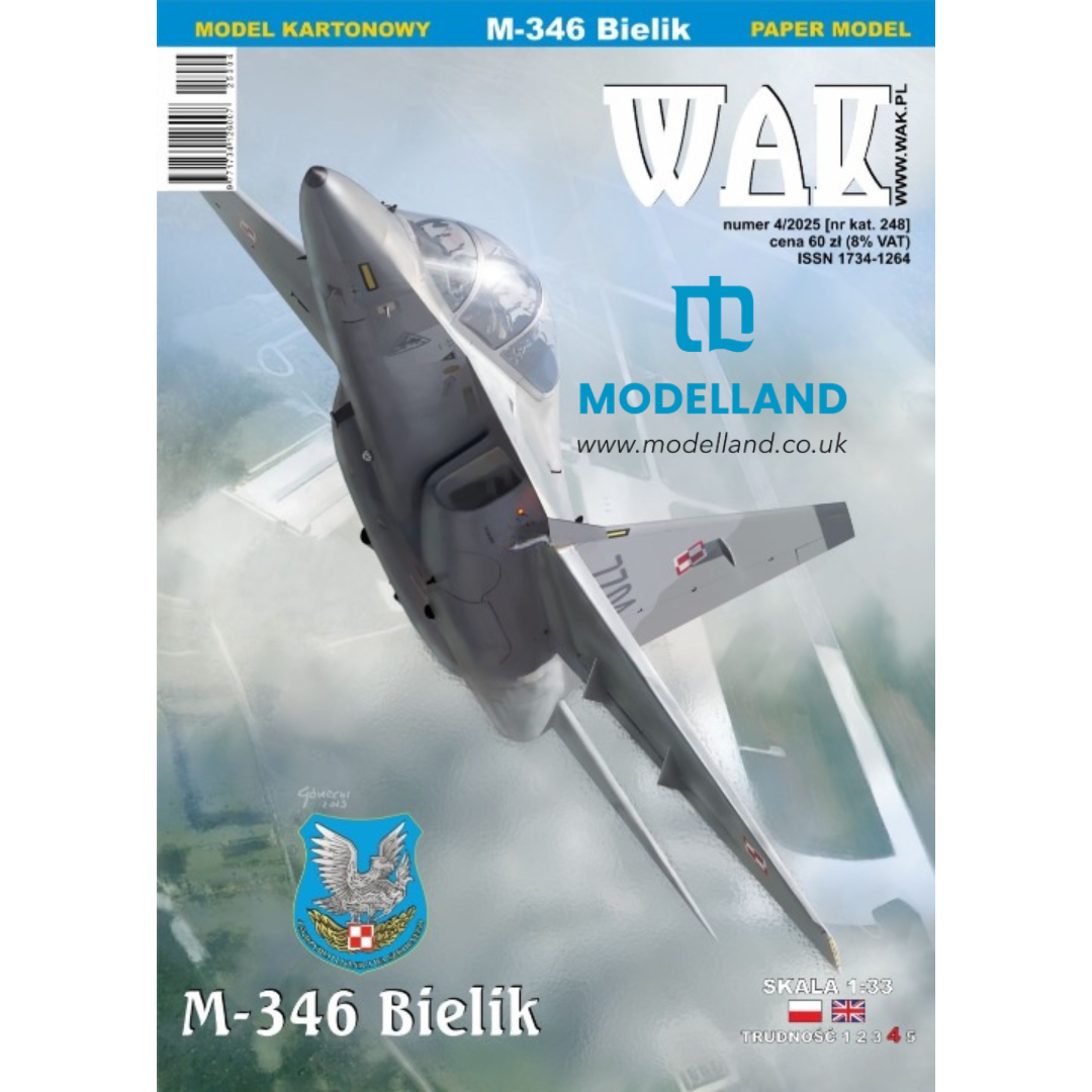 Cover of a paper model kit magazine featuring an illustration of a gray M-346 Bielik fighter jet flying through clouds. The top banner reads 'MODEL KARTONOWY M-346 Bielik PAPER MODEL' and the large title 'WAK' is visible on the right.