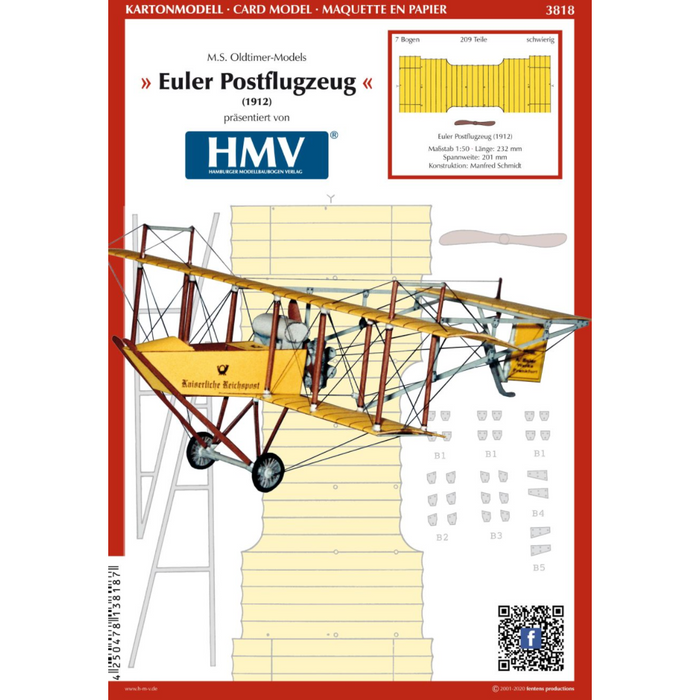 Photo of Euler Postflugzeug 1912 card model kit by HMV, scale 1:50, detailed paper model with colored parts and building stand.