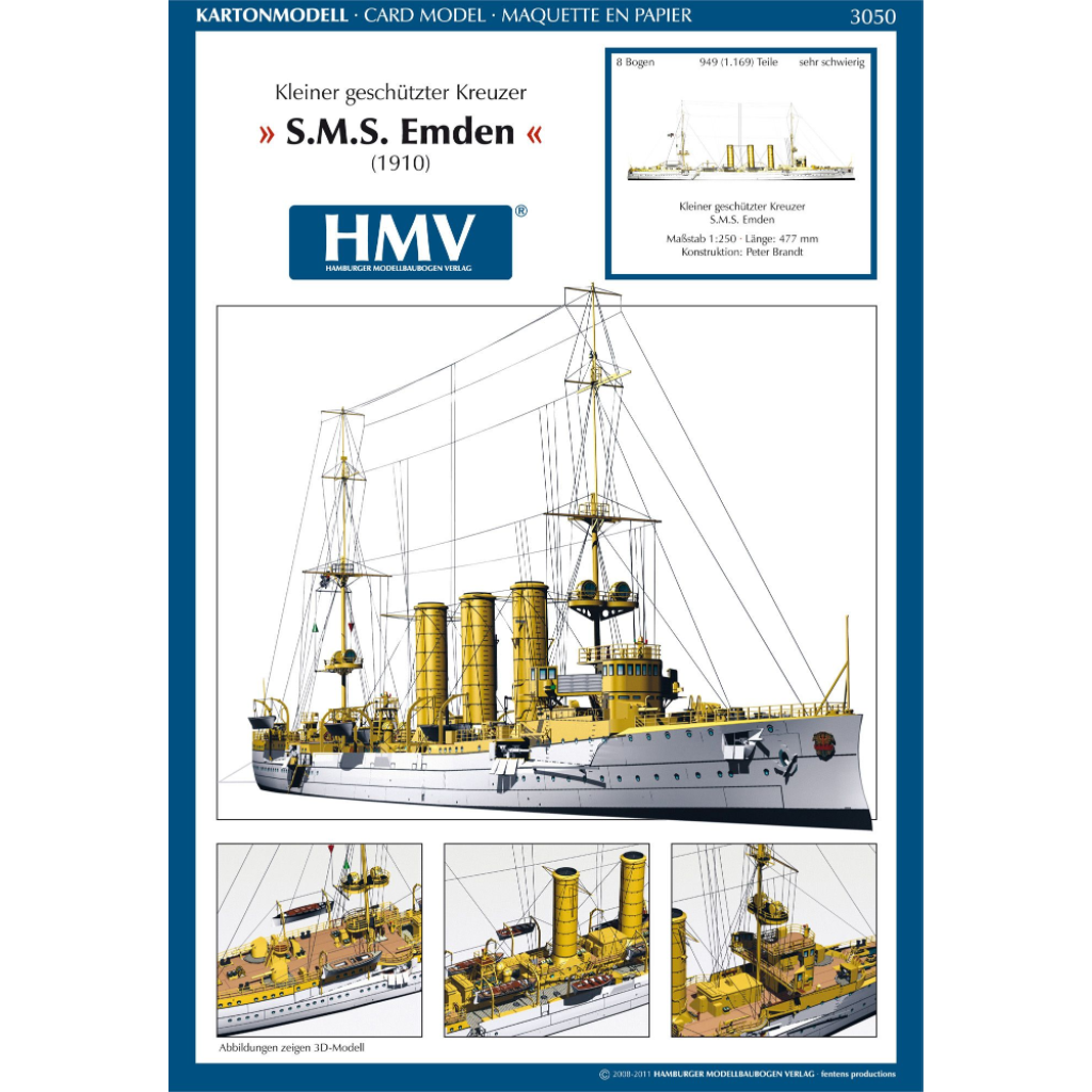 Photo of HMV SMS Emden 1/250 paper model kit – German light cruiser card model with detailed hull, bridge interior, and filigree masts.