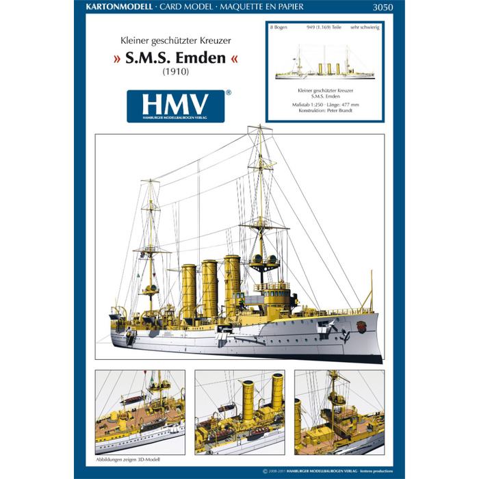 Photo of HMV SMS Emden 1/250 paper model kit – German light cruiser card model with detailed hull, bridge interior, and filigree masts.