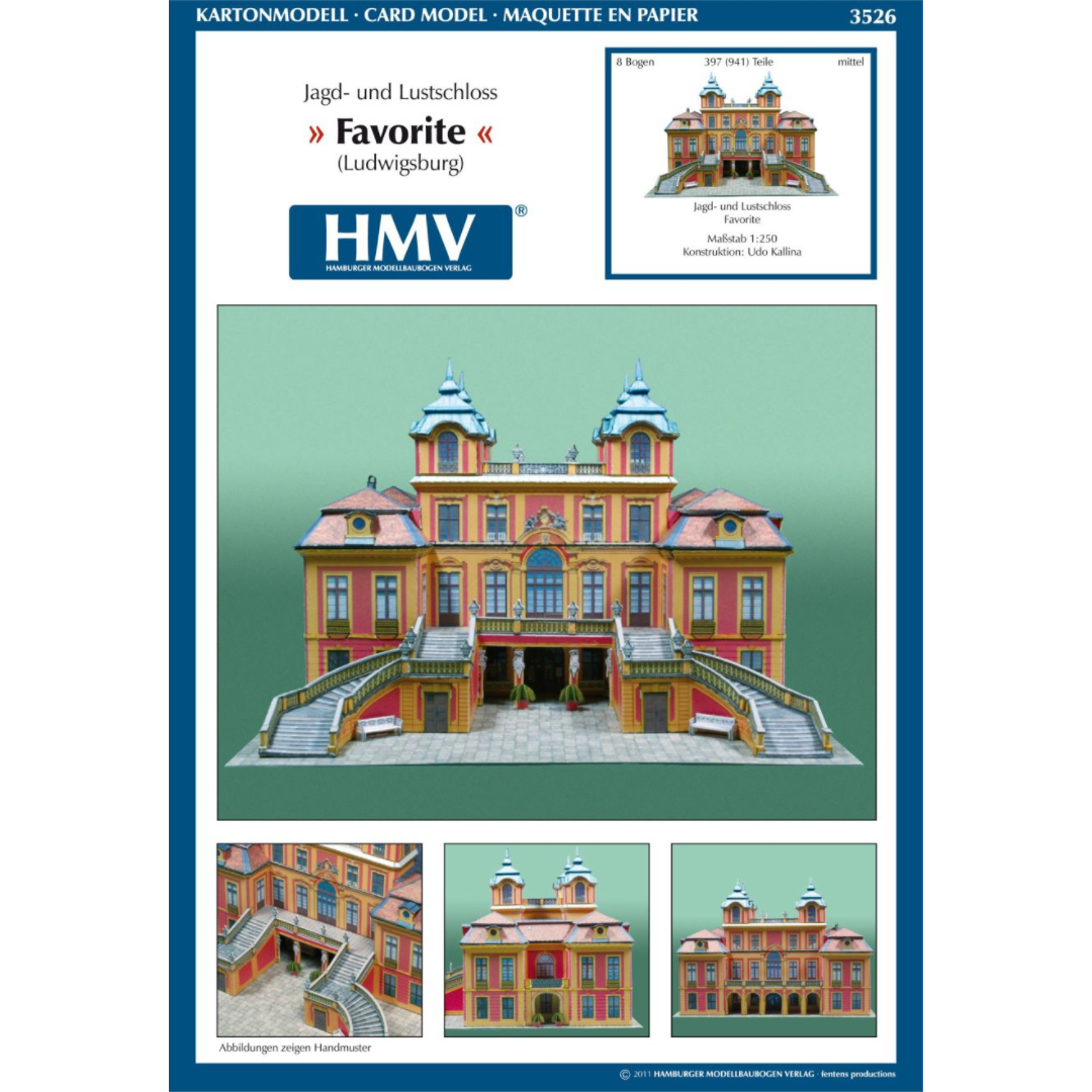 Photo of the Favorite Palace Ludwigsburg Card Model Kit 1/250 by HMV showing detailed baroque architecture with realistic façades and 3D window elements.