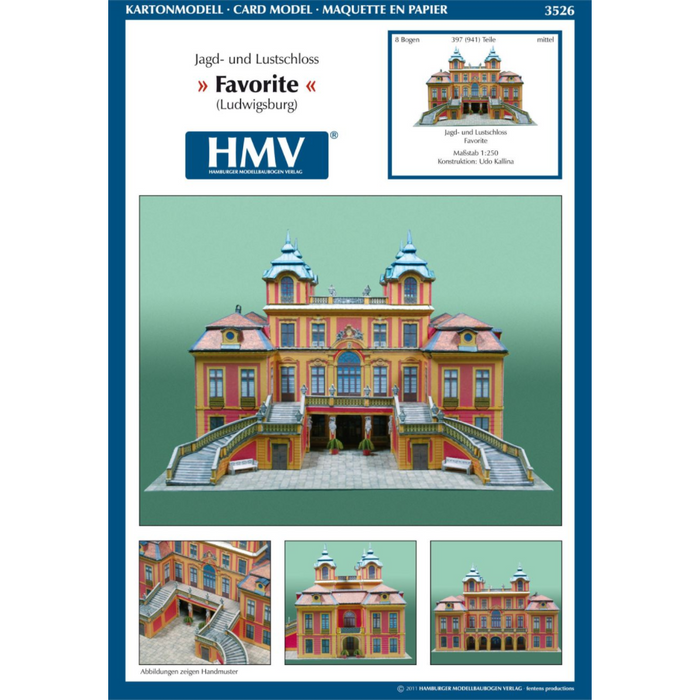 Photo of the Favorite Palace Ludwigsburg Card Model Kit 1/250 by HMV showing detailed baroque architecture with realistic façades and 3D window elements.