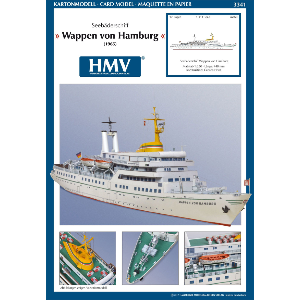 Photo of HMV Wappen von Hamburg 1/250 scale paper model kit with detailed hull, lifeboats, and railings.