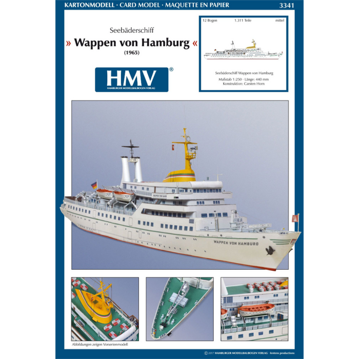 Photo of HMV Wappen von Hamburg 1/250 scale paper model kit with detailed hull, lifeboats, and railings.