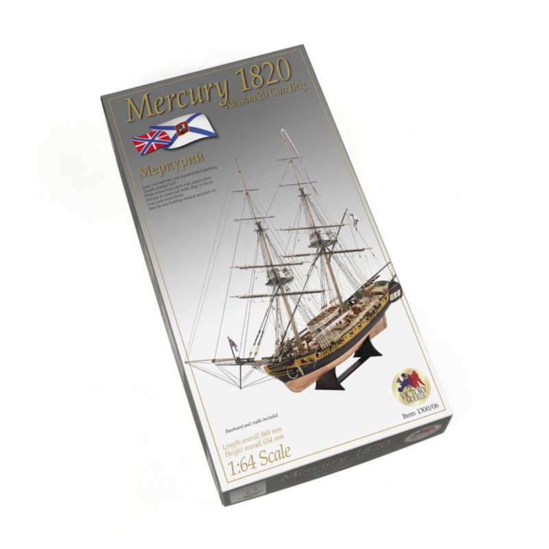 Photo of Amati Mercury wooden ship model kit 1:64 scale showing detailed hull, rigging, and copper-plated finish