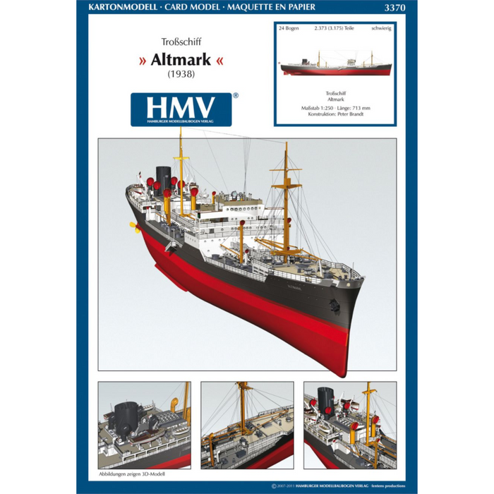 Photo of HMV Replenishment Tanker Altmark 1/250 scale paper model kit showing detailed card parts and assembled German Navy supply ship.