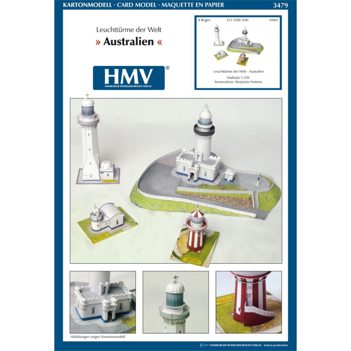 Photo of HMV Lighthouses of the World – Australia card model kit featuring four detailed Australian lighthouse models on display bases