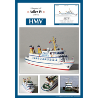 Photo of the HMV Adler IV Passenger Ship Card Model Kit in 1:250 scale showing detailed paper parts and finished ship model.