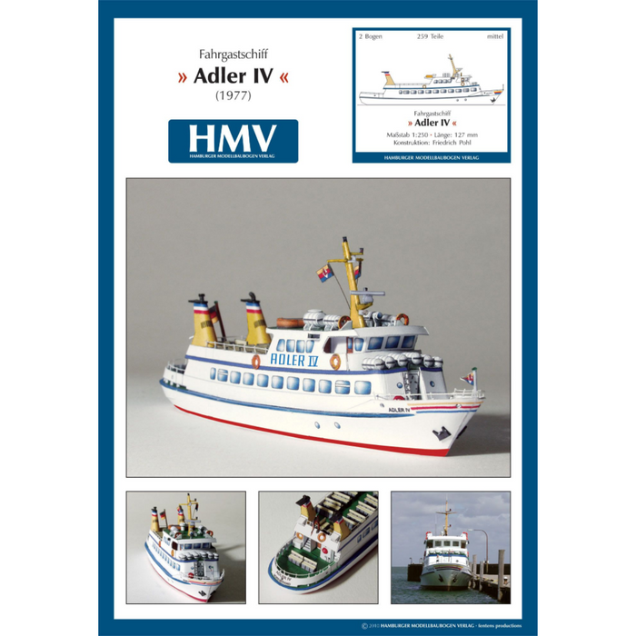 Photo of the HMV Adler IV Passenger Ship Card Model Kit in 1:250 scale showing detailed paper parts and finished ship model.
