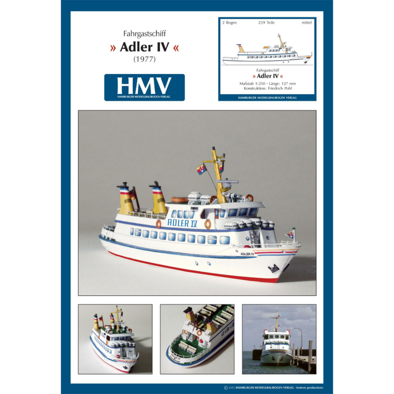Photo of the HMV Adler IV Passenger Ship Card Model Kit in 1:250 scale showing detailed paper parts and finished ship model.