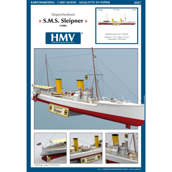 Photo of HMV card model kit S.M.S. Sleipner 1:250 Imperial German Navy dispatch boat papermodel with display stand