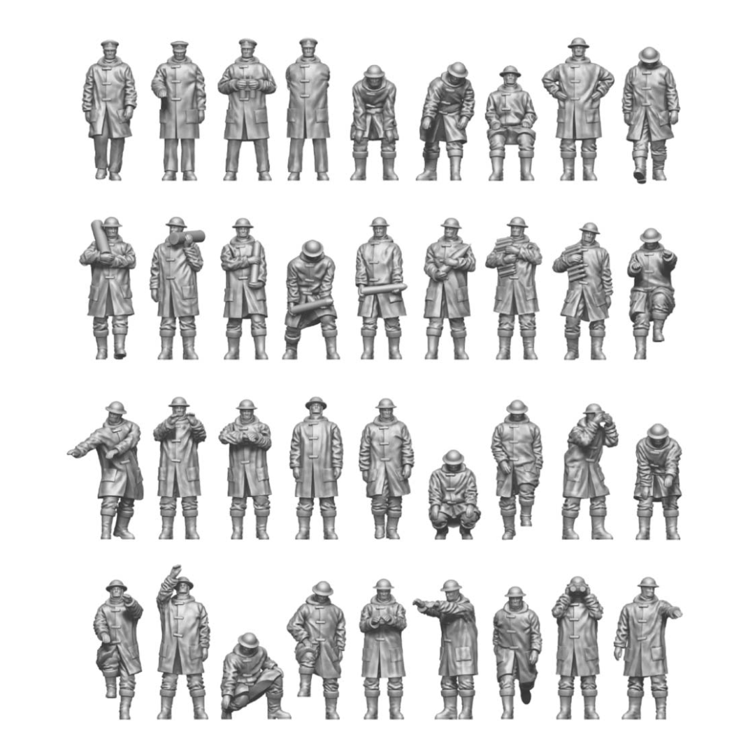 Photo of 1:144 scale Royal Navy personnel figures in bad weather gear from ION Models, Set 2 (R144-003), unpainted resin miniatures displayed standing.