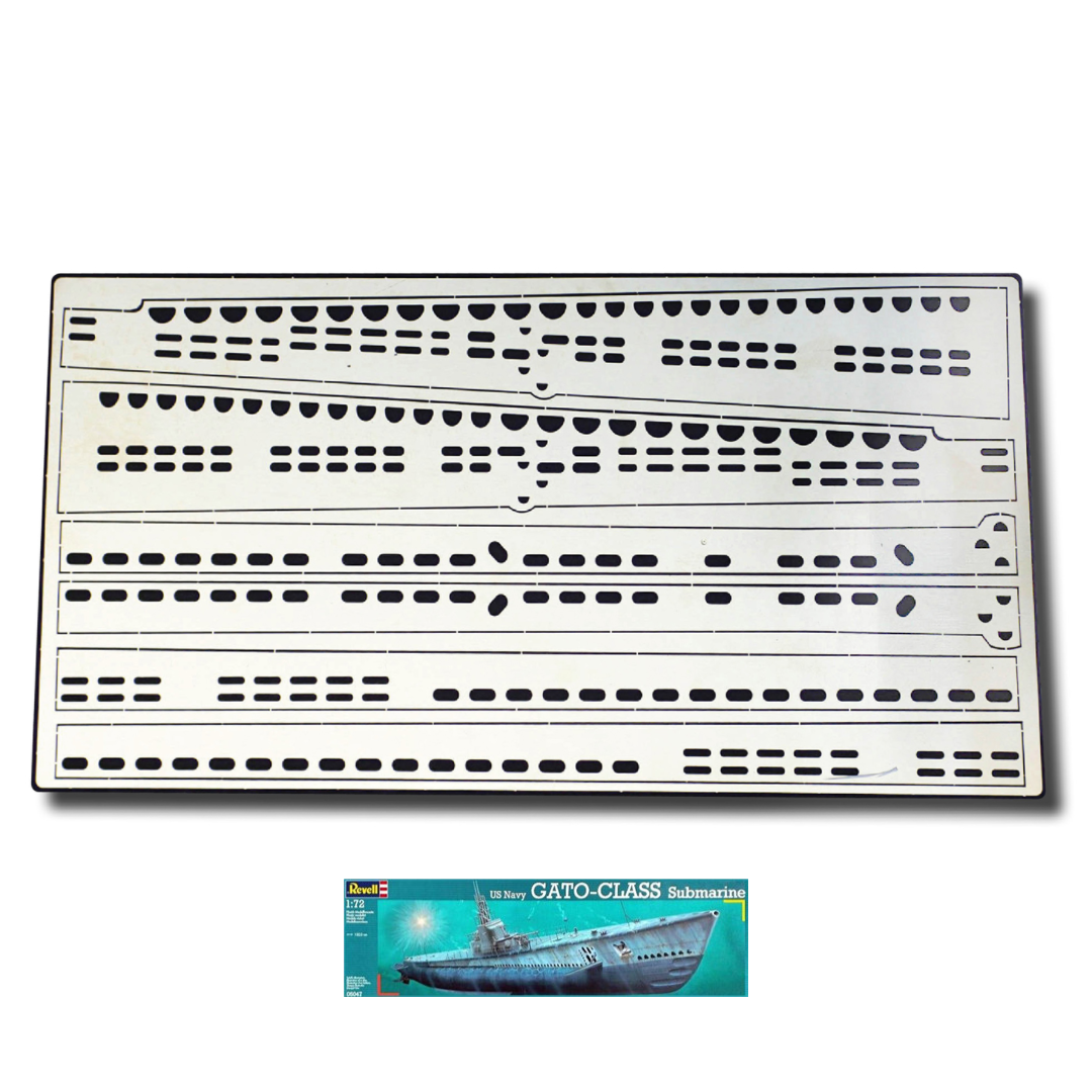 Photo of photo-etched brass hull holes set for USS GATO submarine 1:72 Revell 05047 by RCSubs
