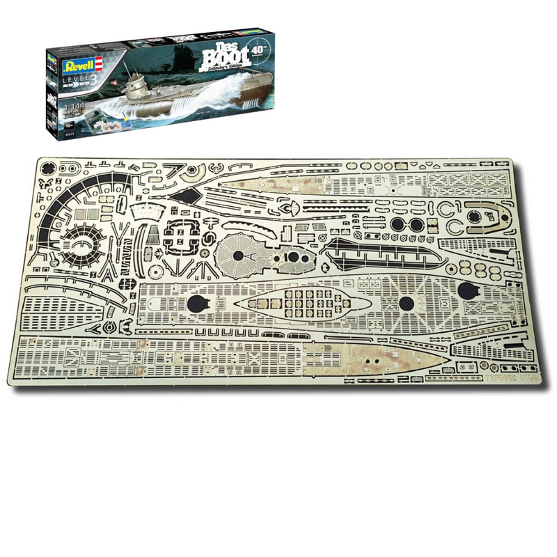Photo of photo-etched brass detail set for German U-Boat Type VIIC41 and VIIC, designed for Revell 1:350 and 1:144 scale submarine kits.