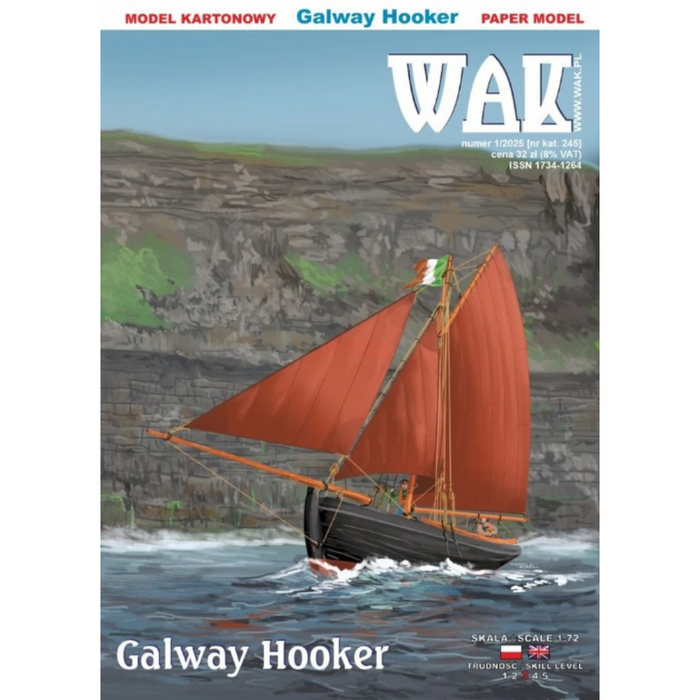Photo of Galway Hooker 1:72 scale card model kit by WAK Publishing showing traditional Irish sailing boat with detailed paper parts