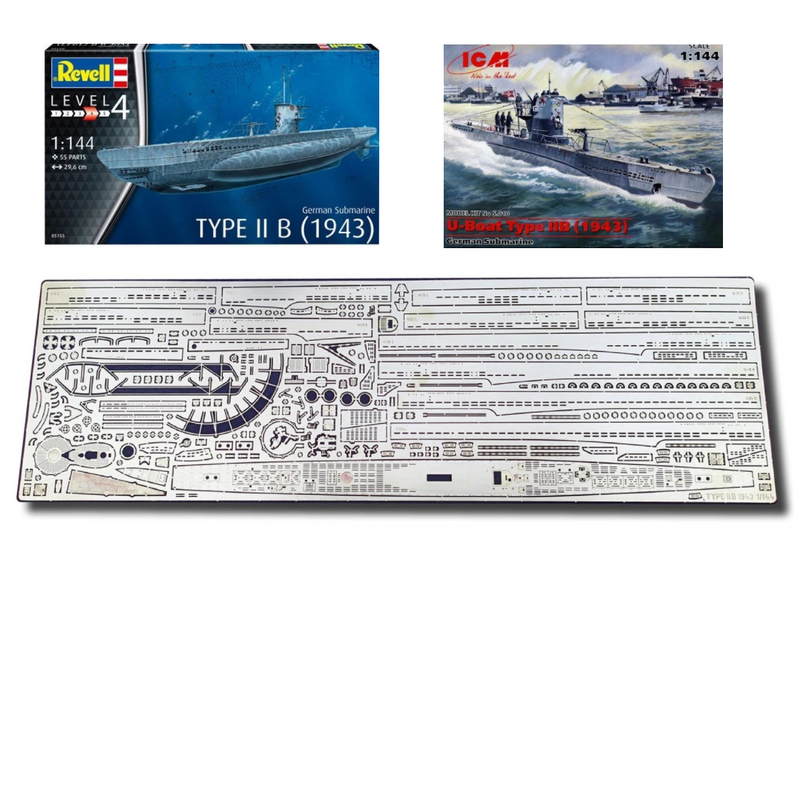 Photo of photo-etched brass upgrade parts for German U-Boat Type IIB model in 1:144 scale, compatible with Revell 05155 and ICM S.010 kits