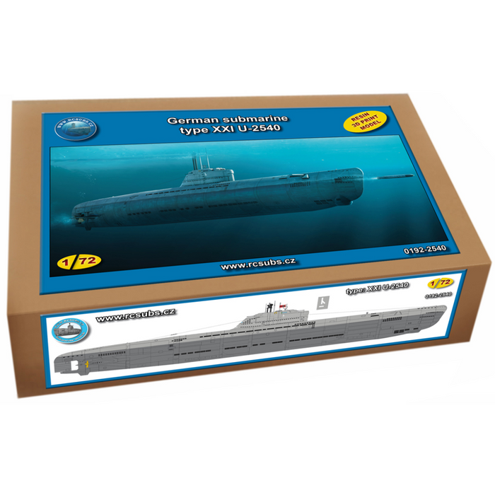 Photo of German U-Boat Type XXI U-2540 submarine model kit in 1/72 scale with 3D printed details and photo-etched parts
