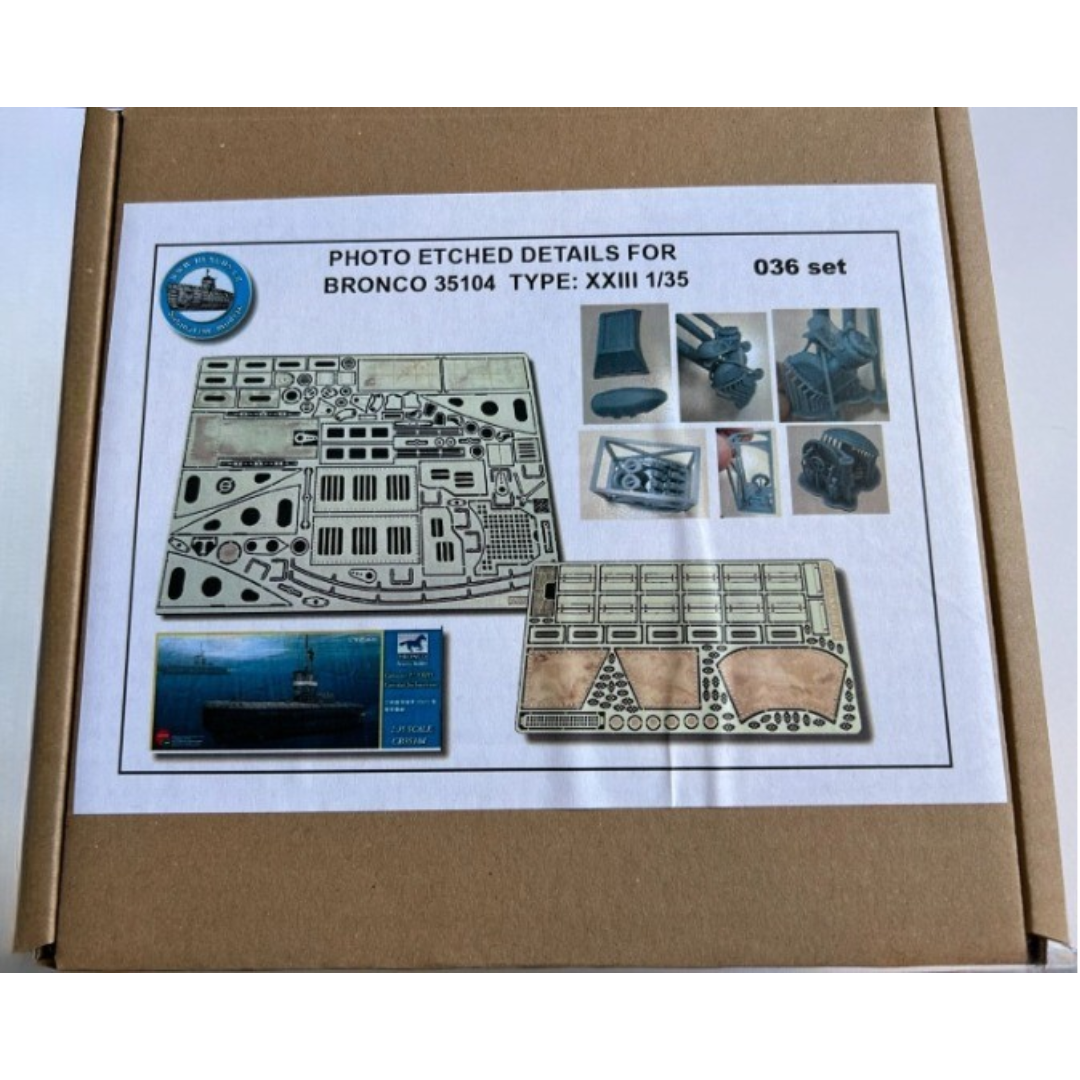 Photo of German U-Boat Type XXIII detail set with photo-etched and 3D printed resin parts for Bronco 35104 scale 1:35 submarine model