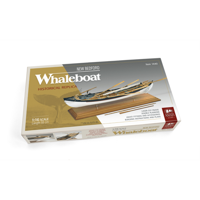 Photo of the Amati 1:16 scale New Bedford Whaleboat model kit showing detailed wooden construction and historical maritime design.