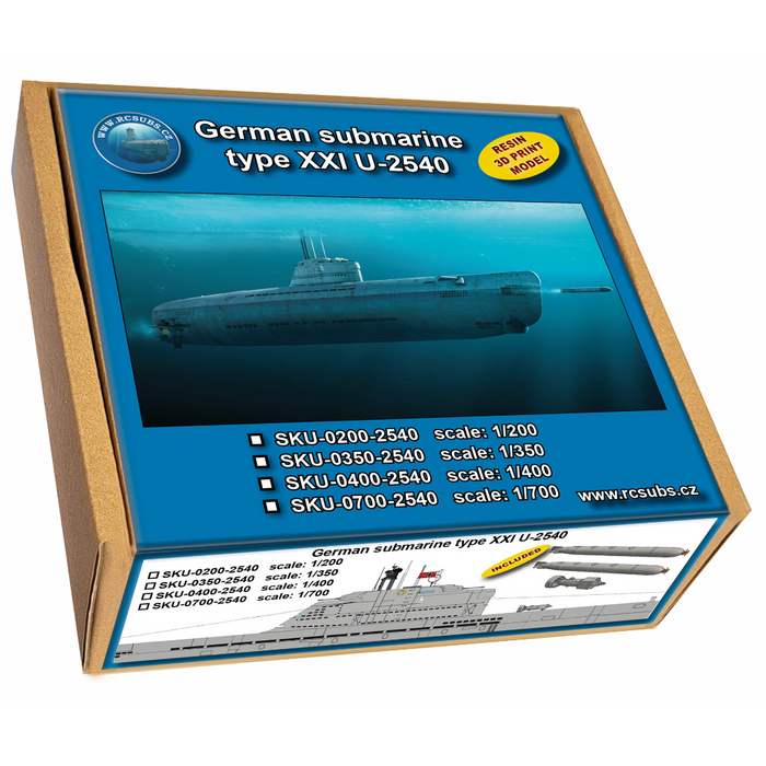 Photo of U-boot U-2540 resin model submarine kit in 1/700, 1/400, 1/350, and 1/200 scale with detailed hull and conning tower
