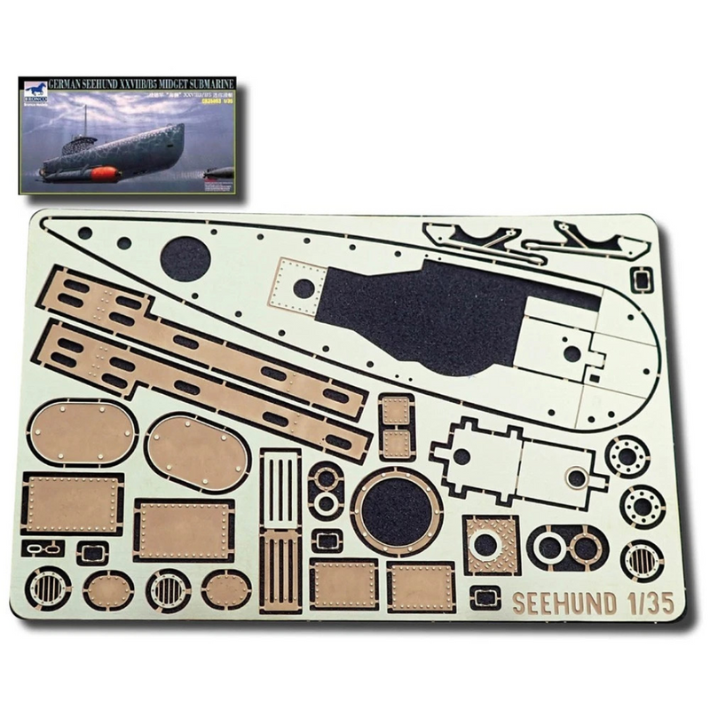 Photo of 1:35 scale photo-etched brass detail set for German U-Boat Type Seehund Bronco CB35053, showing deck, railings, and conning tower parts.