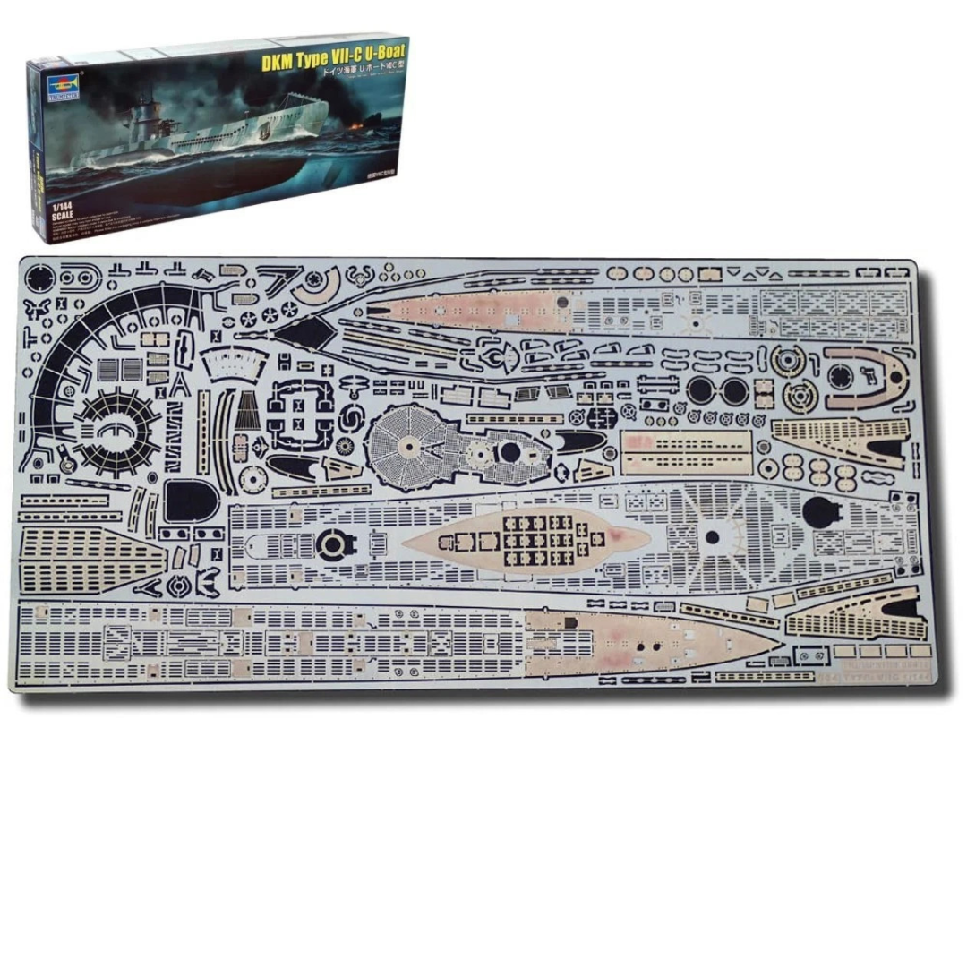 Photo of high-quality photo-etched brass detail set for German U-Boat Type VIIC 1:144 scale (Trumpeter 05912), including deck and tower components.