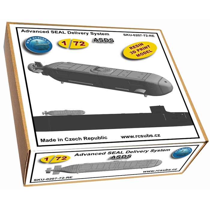 Photo of the Advanced SEAL Delivery System (ASDS) resin model kit in 1:72 scale by RC Subs, showing detailed hull and miniature submarine features.