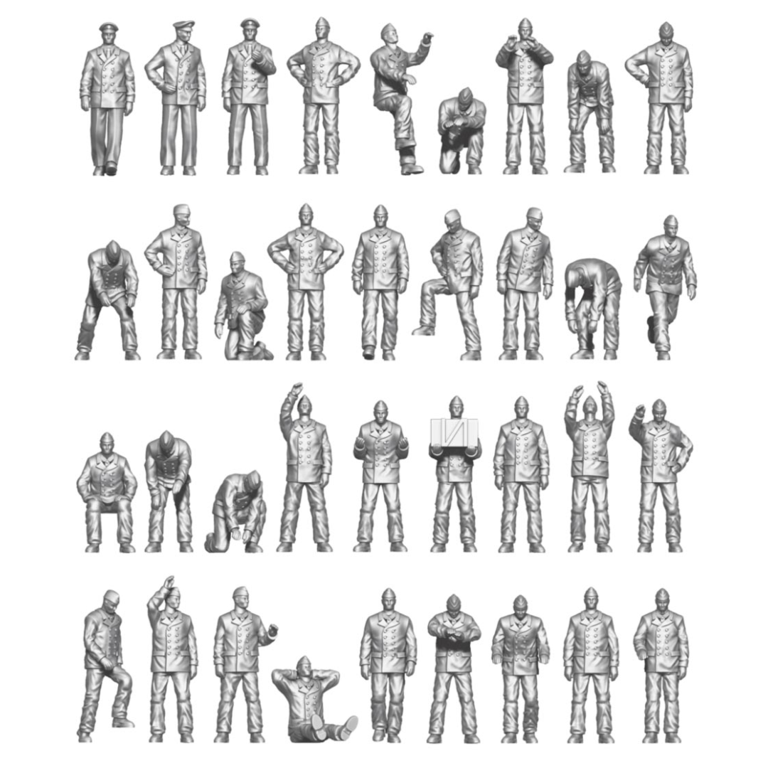 Photo of 1:144 scale WWII Kriegsmarine resin figures from ION Models, set of 36 unpainted German Navy crew for ship dioramas.
