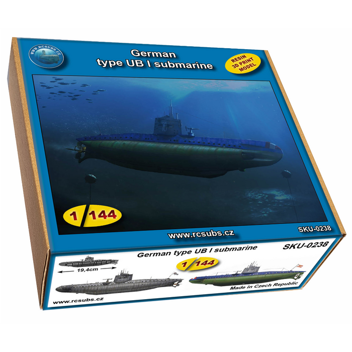 Photo of the German Type UB I Submarine resin model kit in 1:72 or 1:144 scale by RC Subs, showcasing fine historical details.