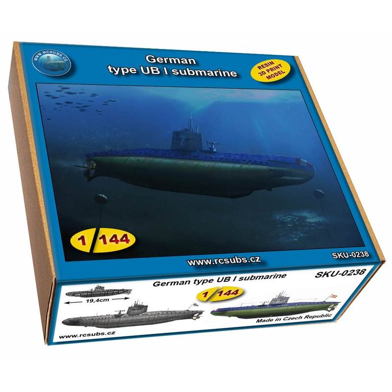 Photo of the German Type UB I Submarine resin model kit in 1:72 or 1:144 scale by RC Subs, showcasing fine historical details.