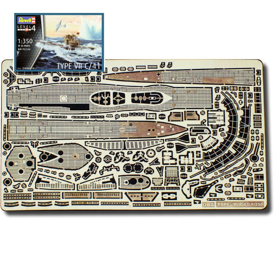 Photo of finely detailed photo-etched brass parts for German U-Boat Type VIIC/41 1:350 scale, designed for Revell 05154.