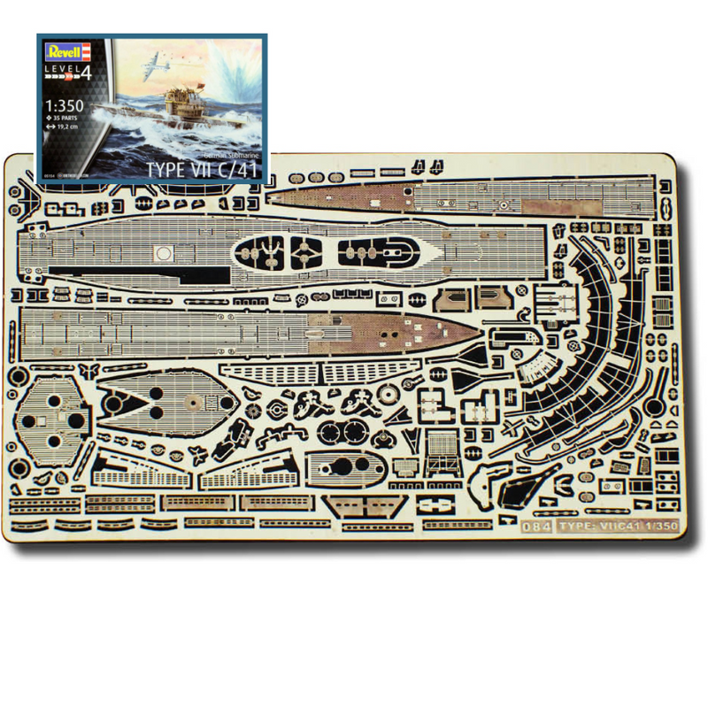 Photo of finely detailed photo-etched brass parts for German U-Boat Type VIIC/41 1:350 scale, designed for Revell 05154.