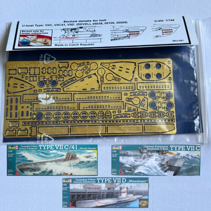 Photo of high-quality photo-etched brass detail parts set for 1:144 scale German U-Boat VIIC/VIIC41/VIID, compatible with Revell model kits